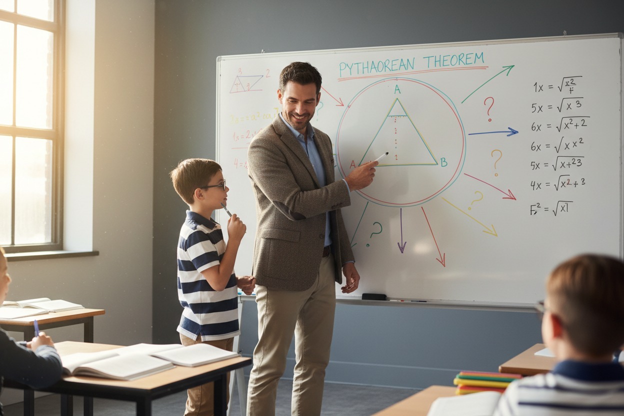 Enseignant expliquant un cours de mathématiques, à un élève. 