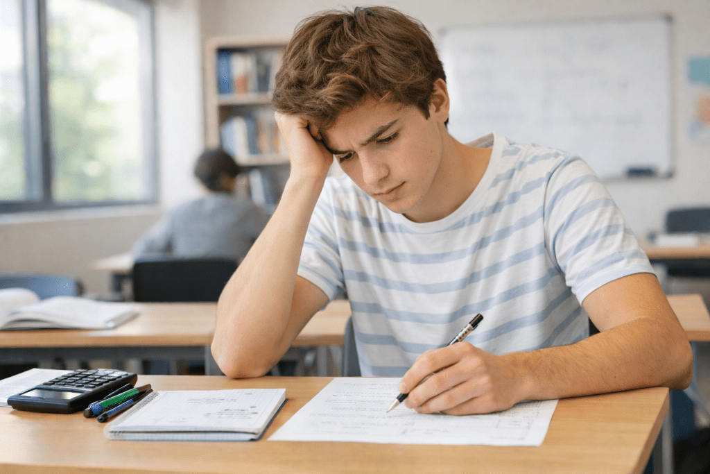 Stress scolaire élève avant contrôle mathématiques